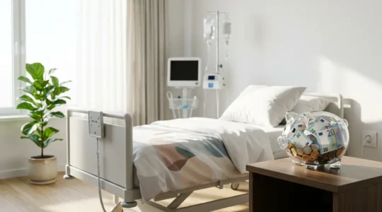 Vue d'un lit d'hôpital moderne avec une tirelire sur la table de chevet symbolisant les économies sur le forfait journalier hospitalier