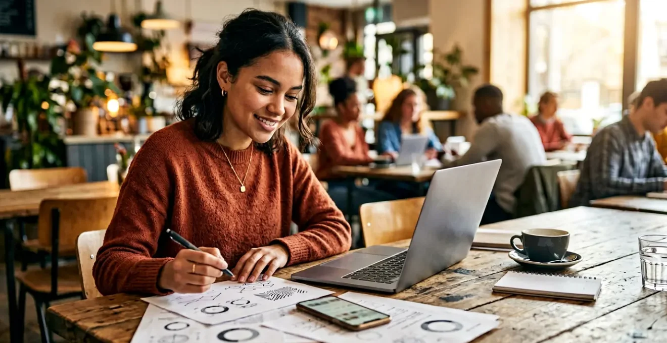 Jeune étudiant calculant ses économies pour sa mutuelle santé avec son ordinateur portable et des documents sur la table
