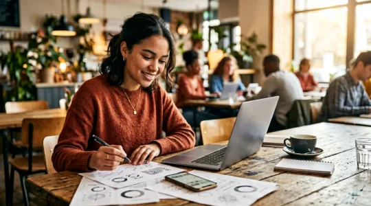 Jeune étudiant calculant ses économies pour sa mutuelle santé avec son ordinateur portable et des documents sur la table
