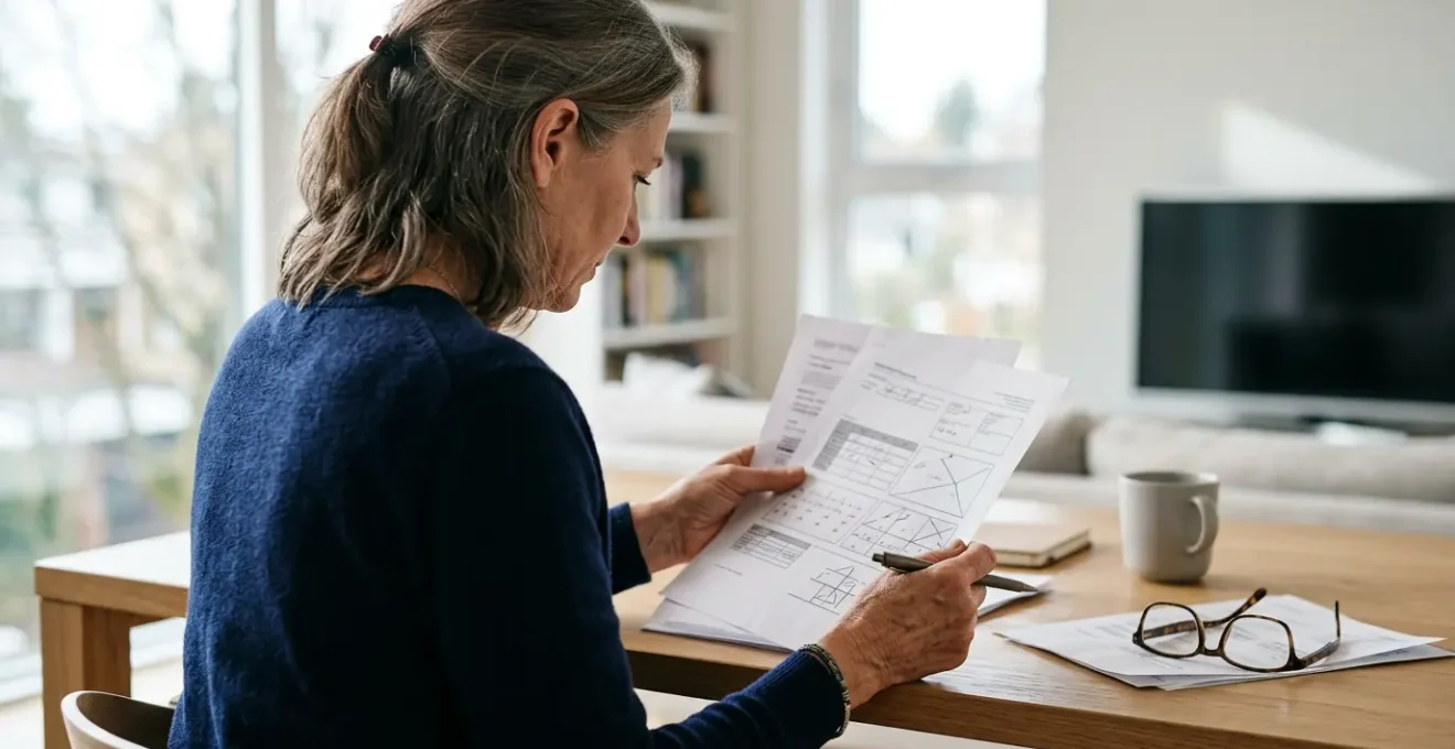 Personne examinant attentivement des documents de remboursement optique avec des lunettes progressives posées sur une table en arrière-plan