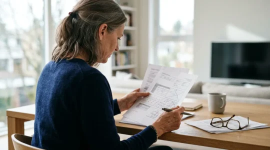 Personne examinant attentivement des documents de remboursement optique avec des lunettes progressives posées sur une table en arrière-plan