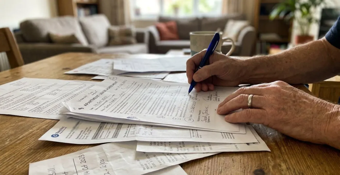 Mains d'une personne tenant une facture ou un relevé de remboursement près d'une paire de lunettes sur une table