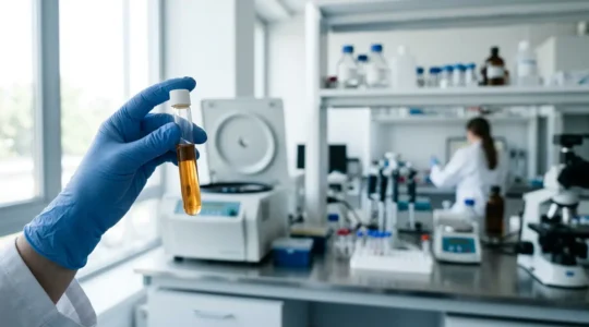 Vue rapprochée d'une main tenant un tube à essai dans un environnement de laboratoire moderne avec équipements scientifiques floutés en arrière-plan