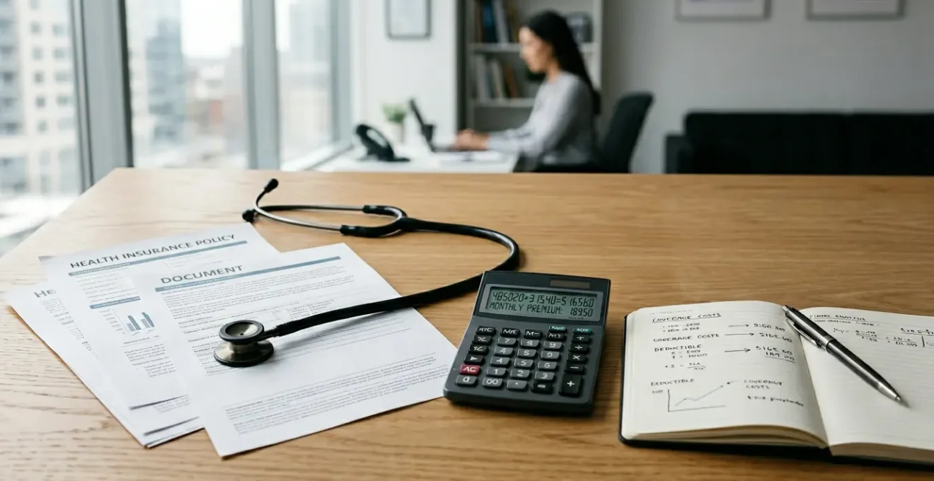 Bureau d'analyse avec calculatrice, documents de mutuelle et un stéthoscope posé à côté, illustrant l'évaluation financière des options santé
