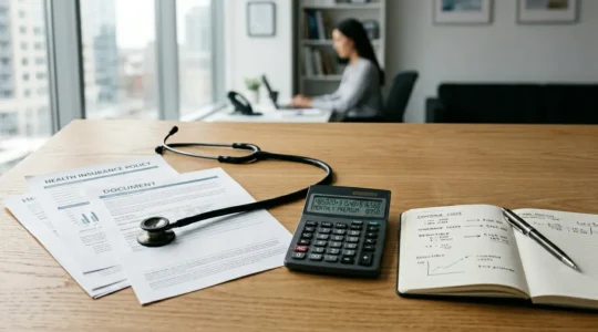 Bureau d'analyse avec calculatrice, documents de mutuelle et un stéthoscope posé à côté, illustrant l'évaluation financière des options santé