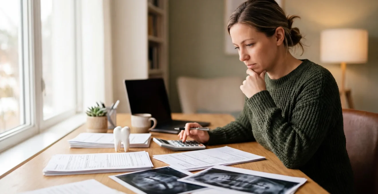 Personne analysant des documents de remboursement dentaire avec une calculatrice et des devis médicaux sur bureau