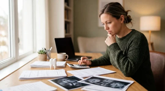 Personne analysant des documents de remboursement dentaire avec une calculatrice et des devis médicaux sur bureau