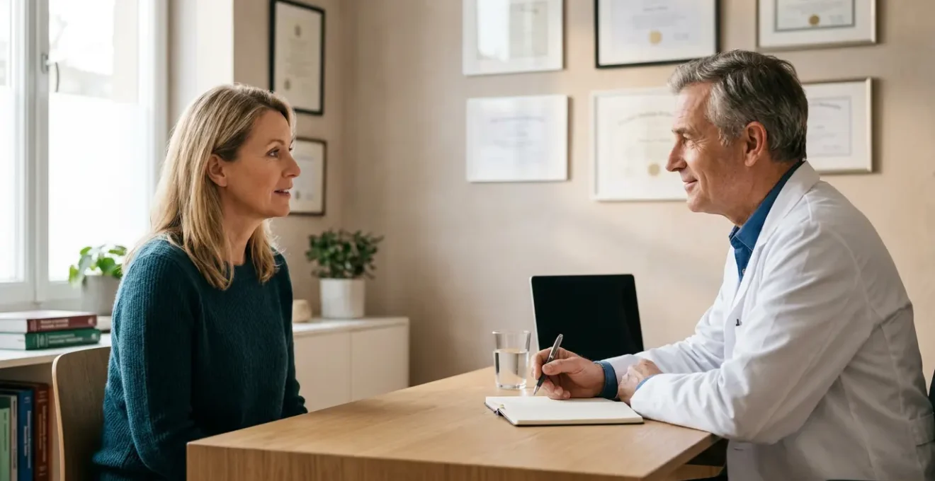 Patient en consultation avec son médecin traitant dans un cabinet médical moderne