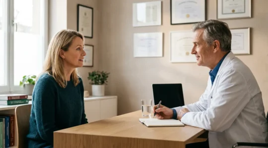 Patient en consultation avec son médecin traitant dans un cabinet médical moderne