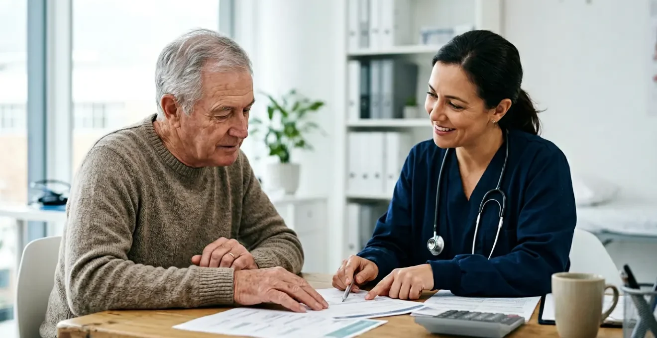 Patient senior discutant avec son médecin de la gestion financière de ses soins pour rhumatismes