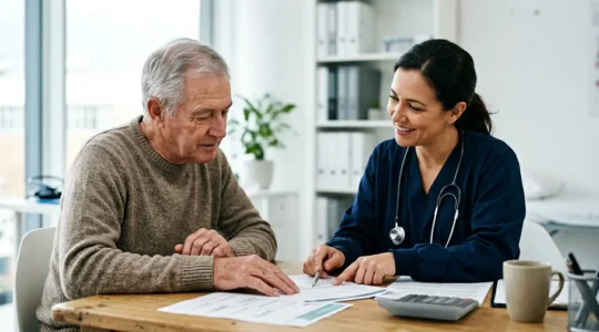 Patient senior discutant avec son médecin de la gestion financière de ses soins pour rhumatismes