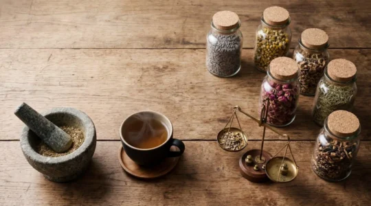 Vue surplombante d'une table en bois naturel avec plantes médicinales séchées, mortier en pierre et tasse d'infusion fumante