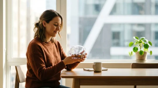 Portrait d'un jeune adulte regardant avec confiance son smartphone, calculatrice et documents d'assurance flous en arrière-plan