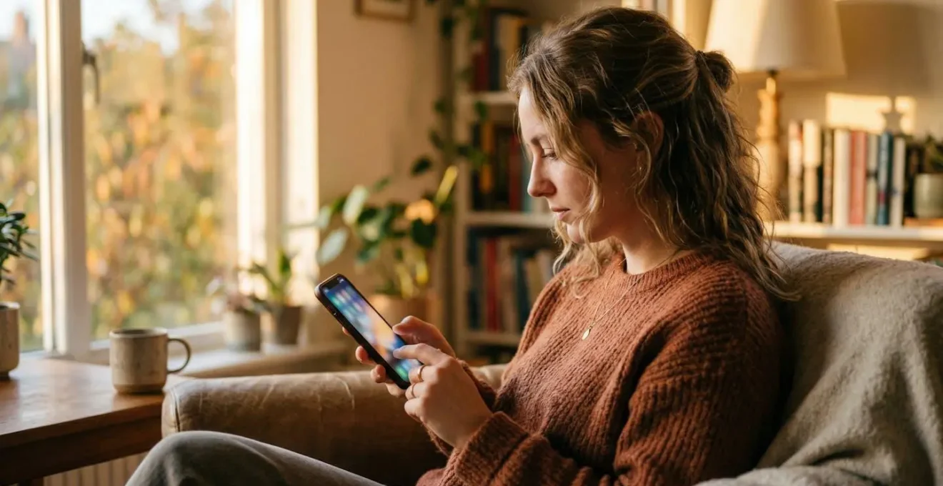 Senior utilisant un smartphone pour une téléconsultation, assis dans un fauteuil confortable, lumière douce de fin d'après-midi