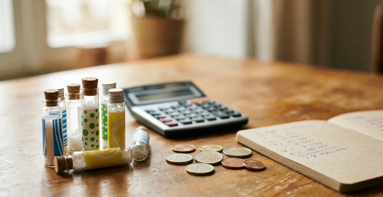 Vue macro de tubes d'homéopathie avec une calculatrice et des pièces de monnaie en arrière-plan flou