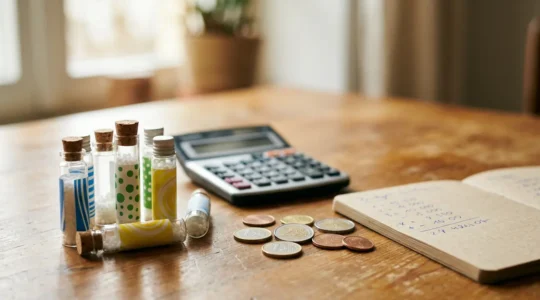 Vue macro de tubes d'homéopathie avec une calculatrice et des pièces de monnaie en arrière-plan flou