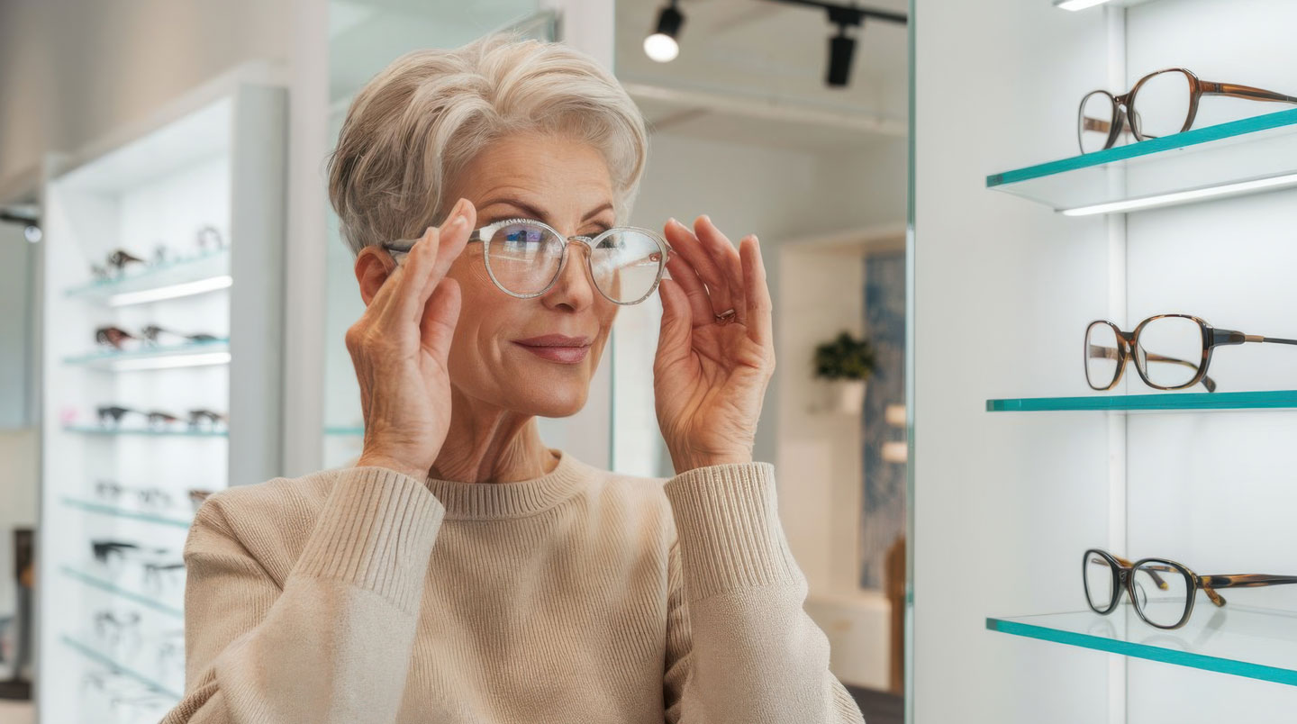 Mains d'une personne tenant une facture ou un relevé de remboursement près d'une paire de lunettes sur une table