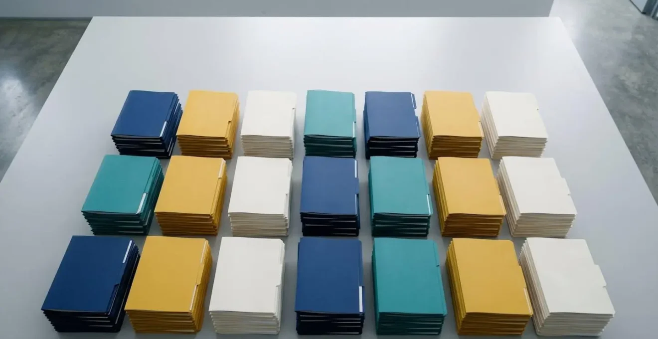 Vue en plongée d'un bureau administratif avec piles de dossiers médicaux organisés de manière géométrique