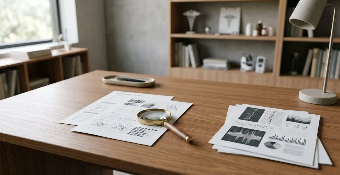 Espace de travail minimaliste avec documents d'évaluation médicale et loupe posée sur bureau