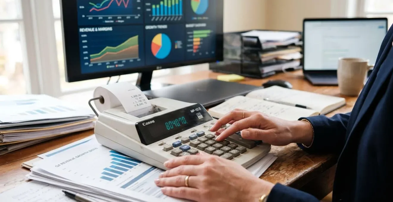 Gros plan sur les mains d'un entrepreneur utilisant une calculatrice avec des graphiques financiers en arrière-plan