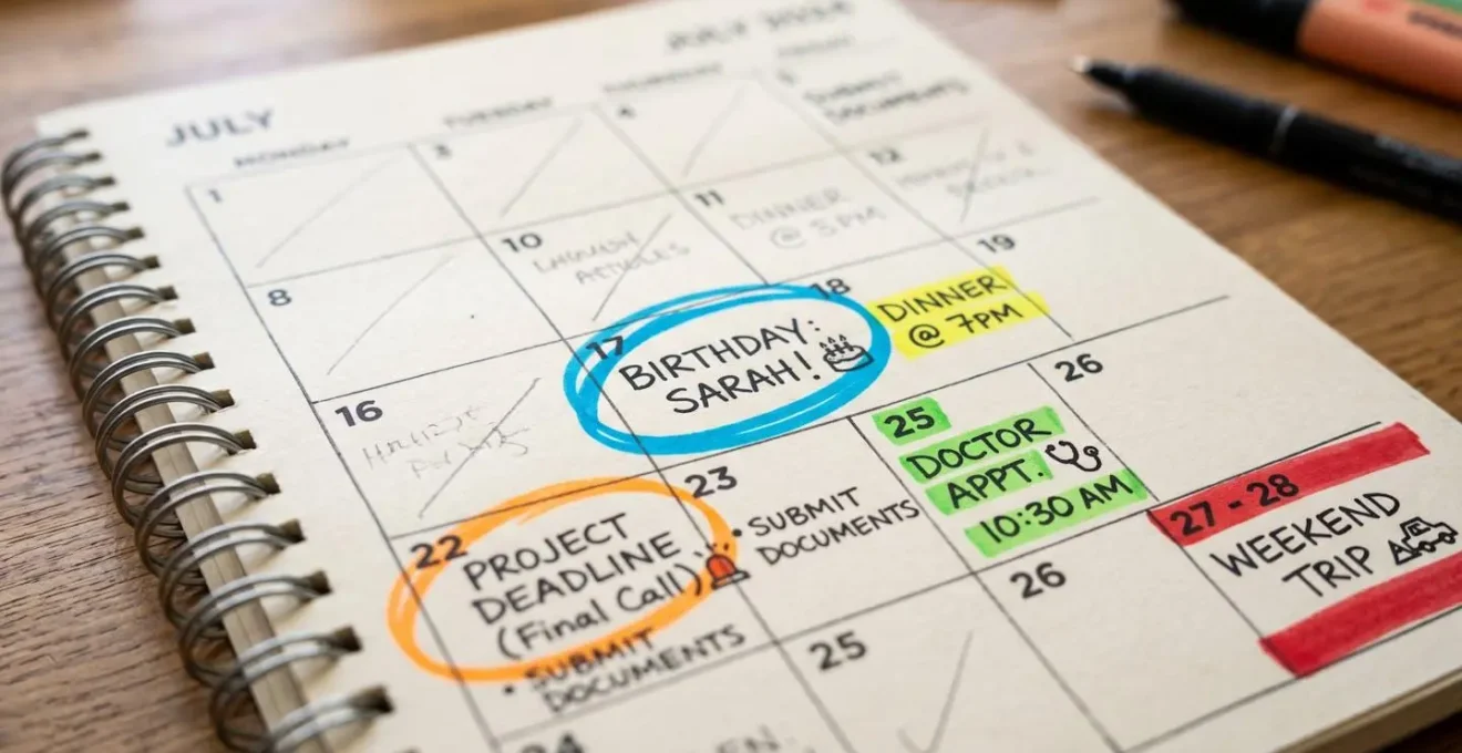 Vue macro d'un calendrier avec marqueurs colorés sur les dates importantes