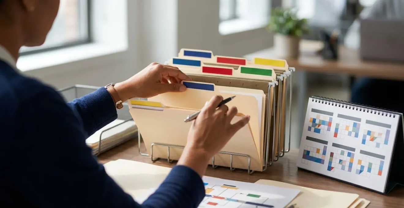 Bureau avec calendrier professionnel et documents administratifs organisés chronologiquement