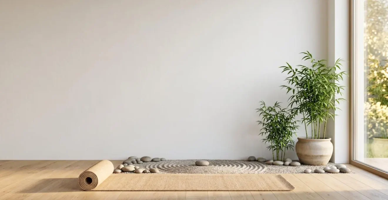 Vue large d'un espace zen minimaliste avec tapis de yoga et plantes vertes symbolisant la prévention santé