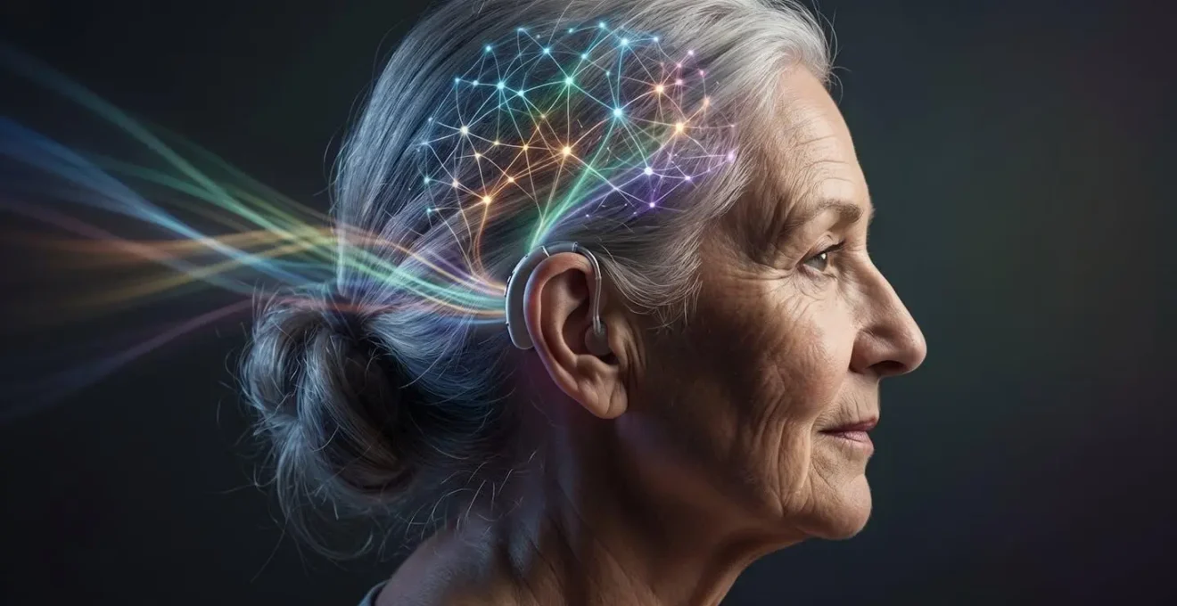Représentation métaphorique de la stimulation cérébrale par l'audition chez une personne âgée portant un appareil auditif