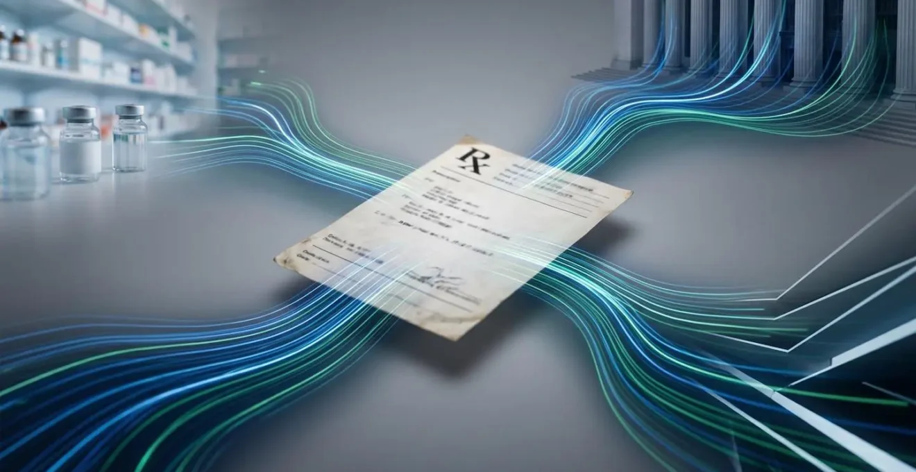 Schéma visuel montrant le flux de données entre pharmacie, CPAM et mutuelle avec une ordonnance au centre