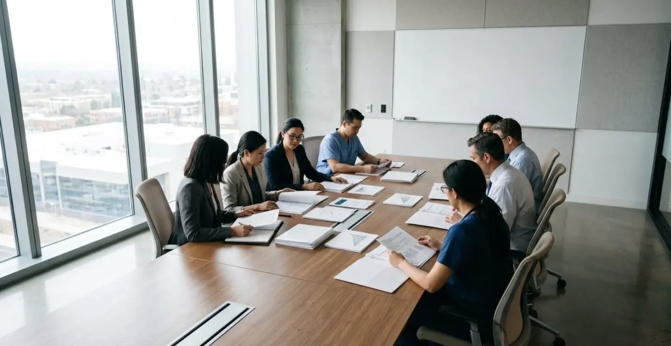 Salle de réunion avec experts médicaux évaluant des dossiers