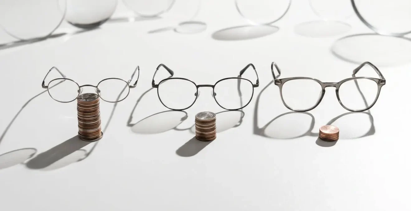 Composition visuelle comparant symboliquement différents niveaux de garanties optiques avec des lunettes et des pièces de monnaie