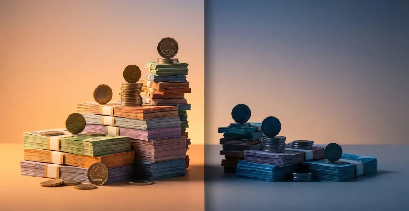 Représentation graphique des différences de remboursement avant et après 16 ans, montrant une pile d'argent plus grande avant et plus petite après.