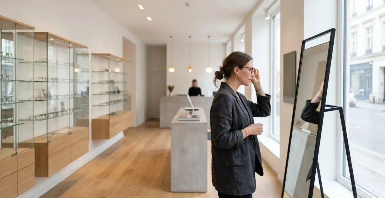 Personne essayant des lunettes progressives dans un environnement optique moderne et lumineux
