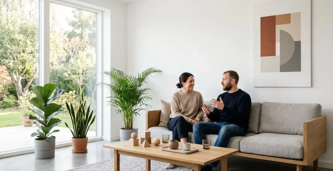 Jeune couple discutant ensemble dans un salon lumineux avec documents financiers flous sur la table