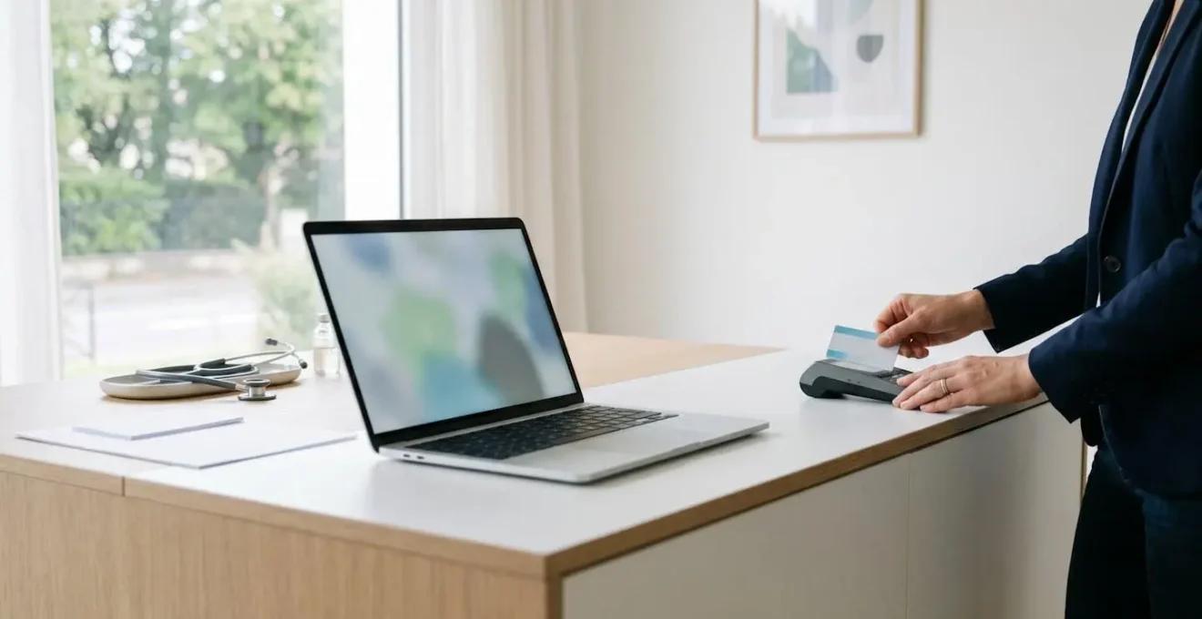 Médecin utilisant un lecteur de carte vitale pour effectuer la déclaration en ligne
