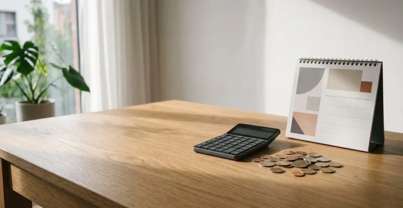 Vue minimaliste d'un bureau avec calendrier et calculatrice dans un environnement épuré