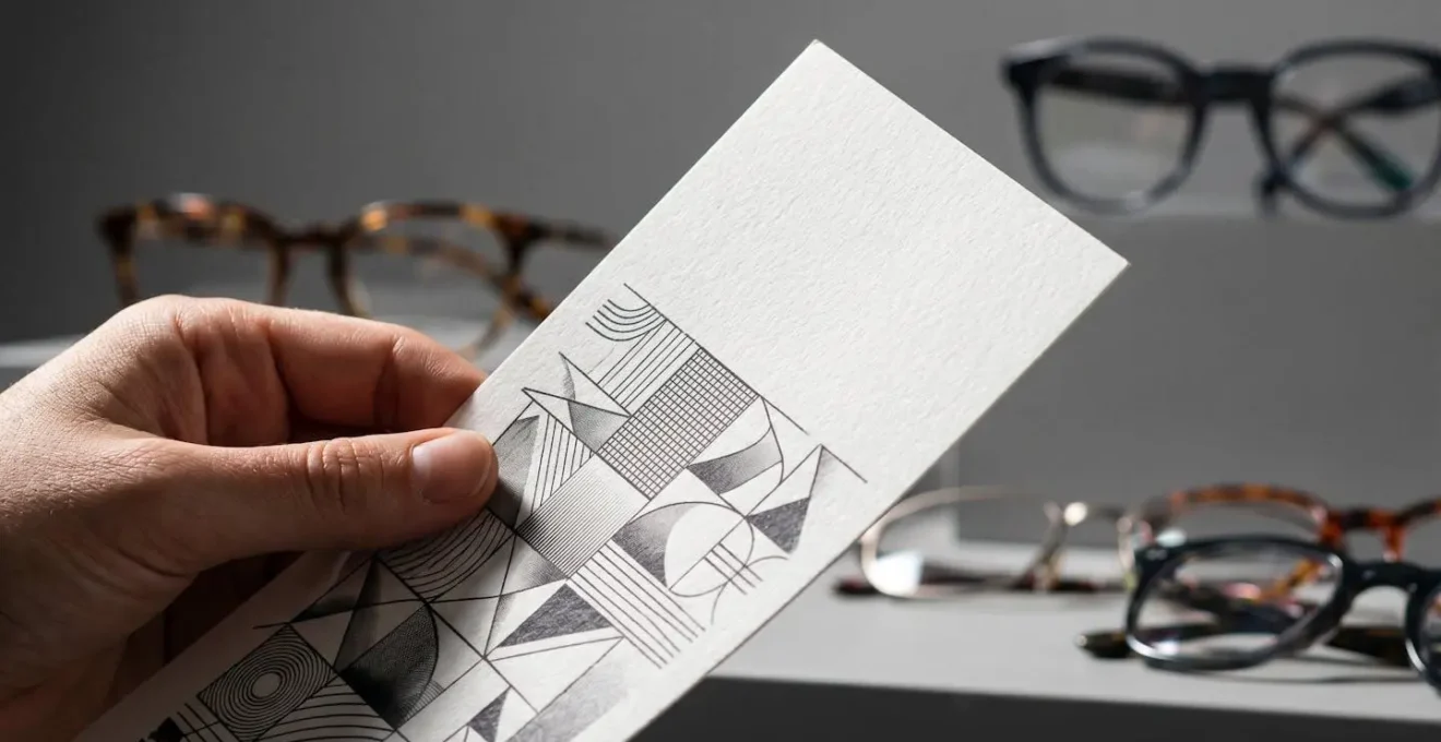 Main tenant un devis optique normalisé avec des lunettes de marque floues en arrière-plan