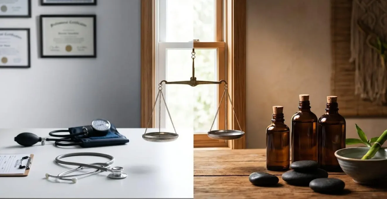 Une balance métaphorique séparant un cabinet médical clinique d'un espace de thérapie alternative avec des pierres et des huiles.