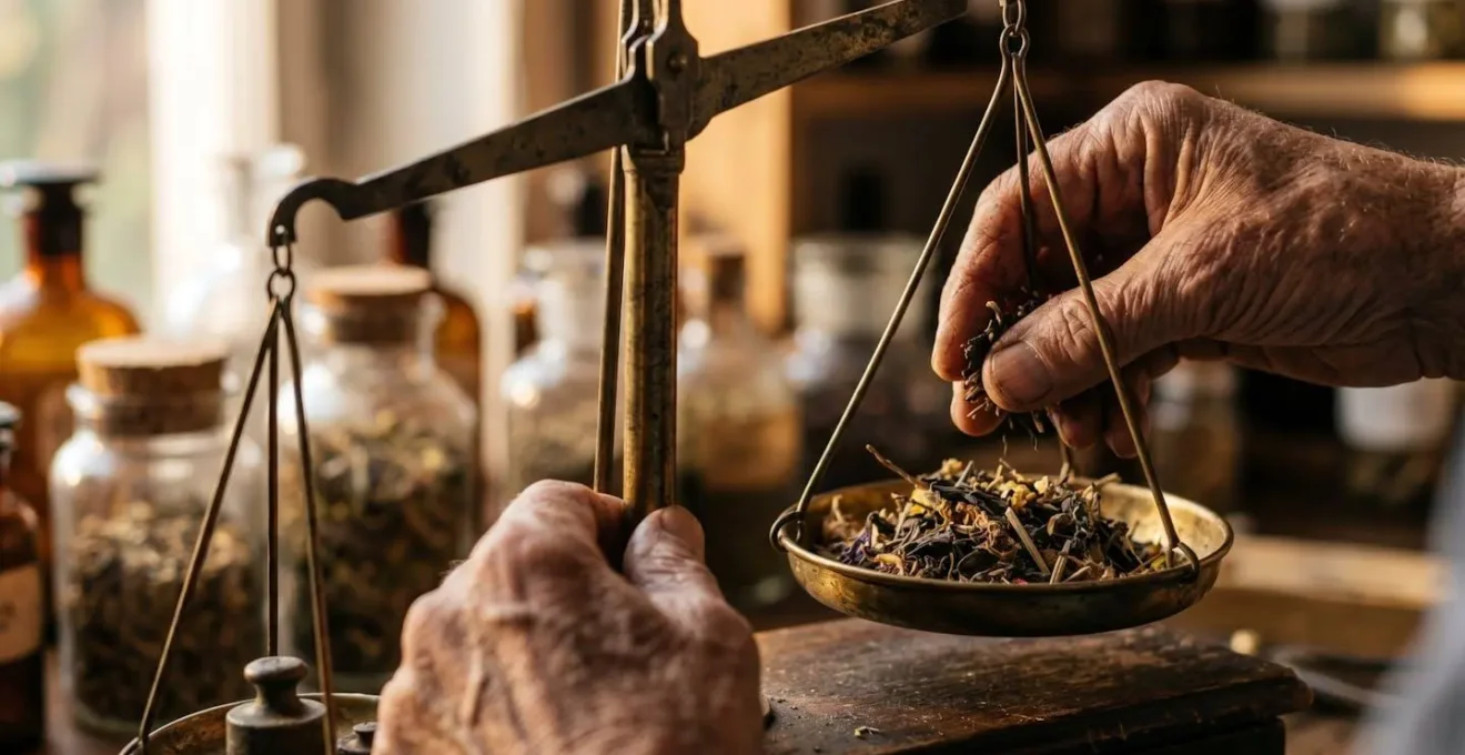 Main pesant précisément des plantes séchées sur une balance de précision en cuivre
