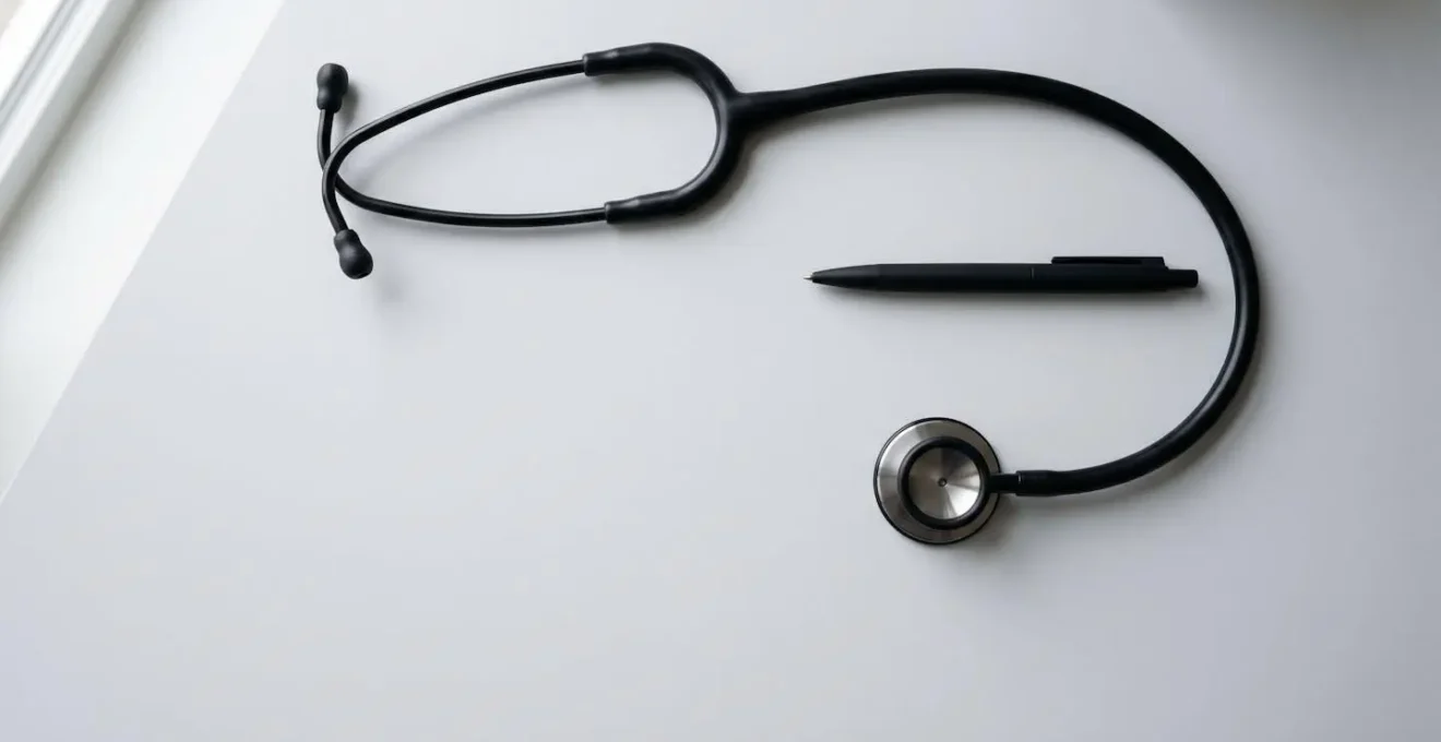 Vue en plongée d'un bureau médical épuré avec stéthoscope et stylo posés sur une surface blanche