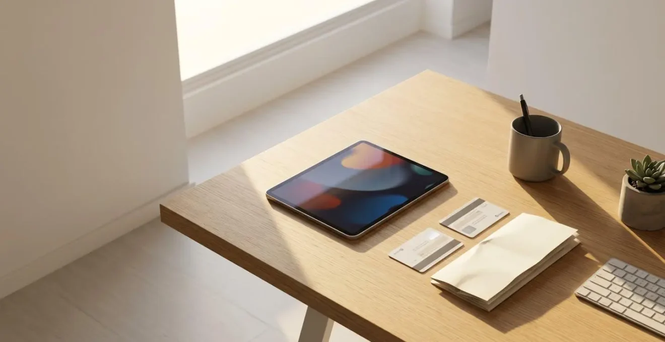 Bureau moderne et épuré avec une tablette affichant un tableau de bord d'assurance, et des documents posés à côté.