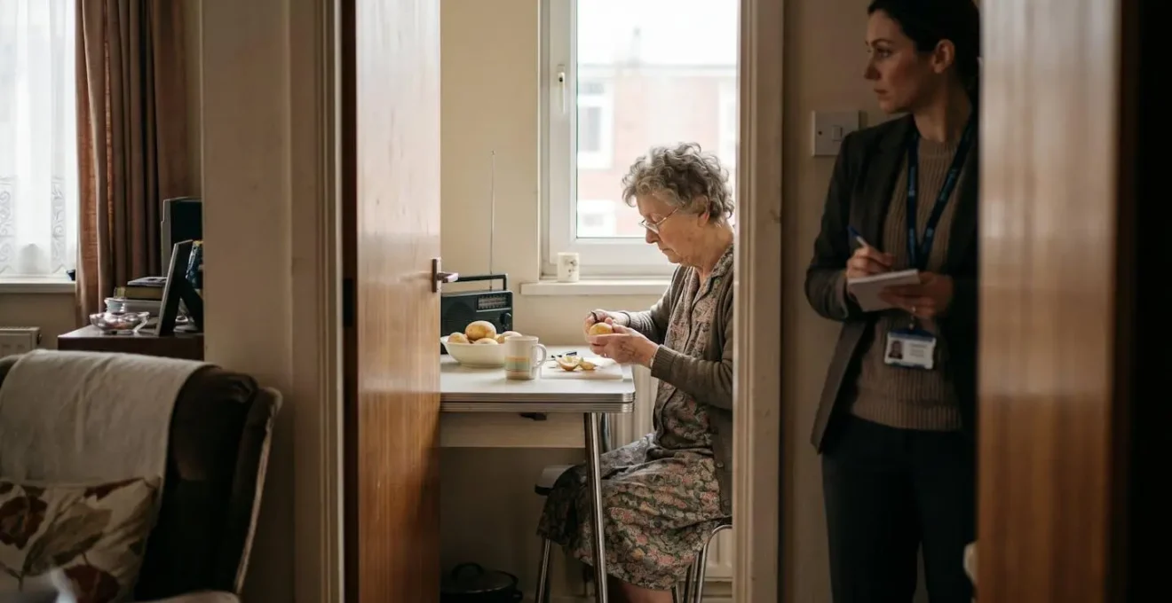 Évaluateur médico-social observant discrètement une personne âgée dans son environnement quotidien