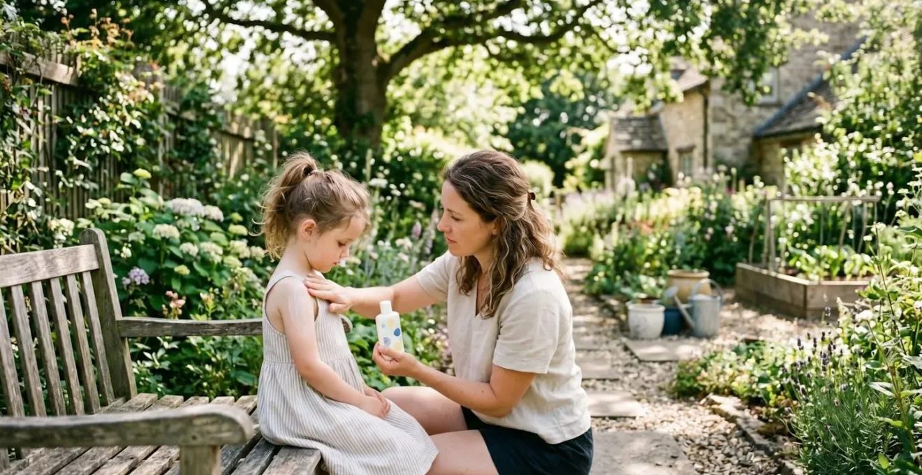 Parent appliquant de la crème solaire sur un enfant dans un jardin ensoleillé