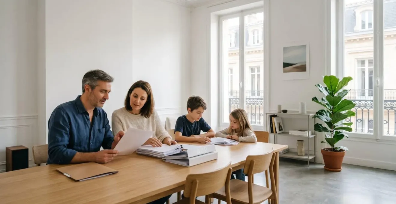 Parents français consultant des documents de mutuelle santé ensemble