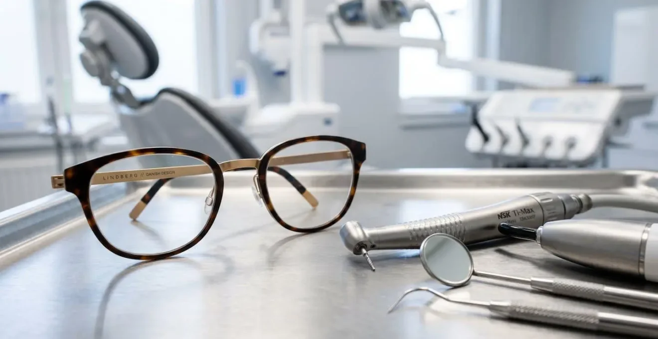 Photo macro détaillée de lunettes design et équipements dentaires modernes illustrant la qualité des soins