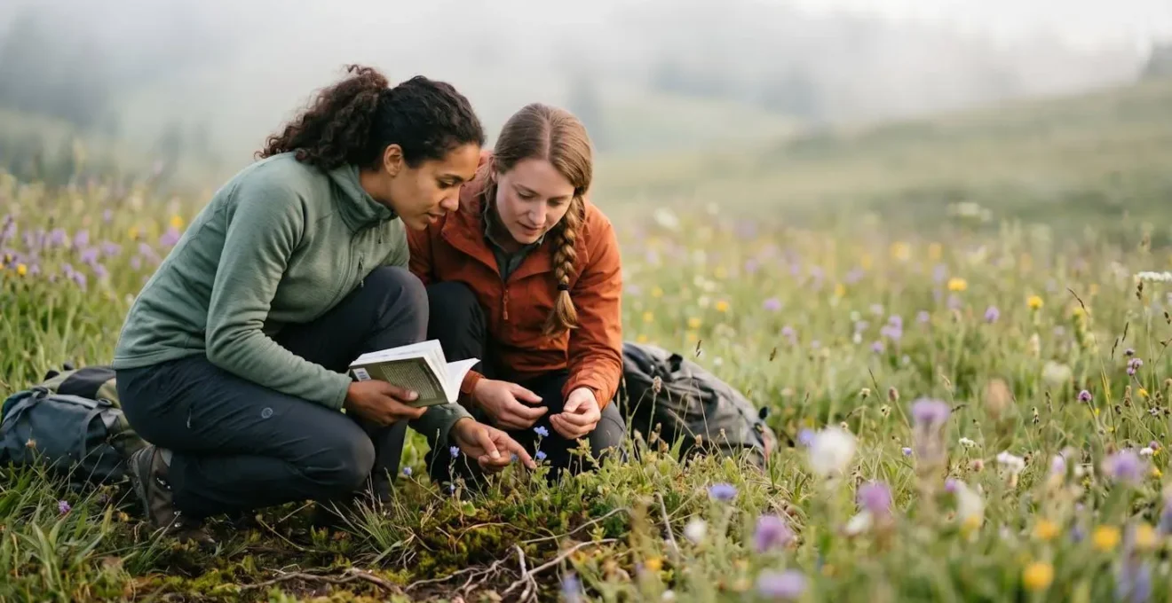 Randonneurs observant attentivement des plantes sauvages dans une prairie avec guide botanique