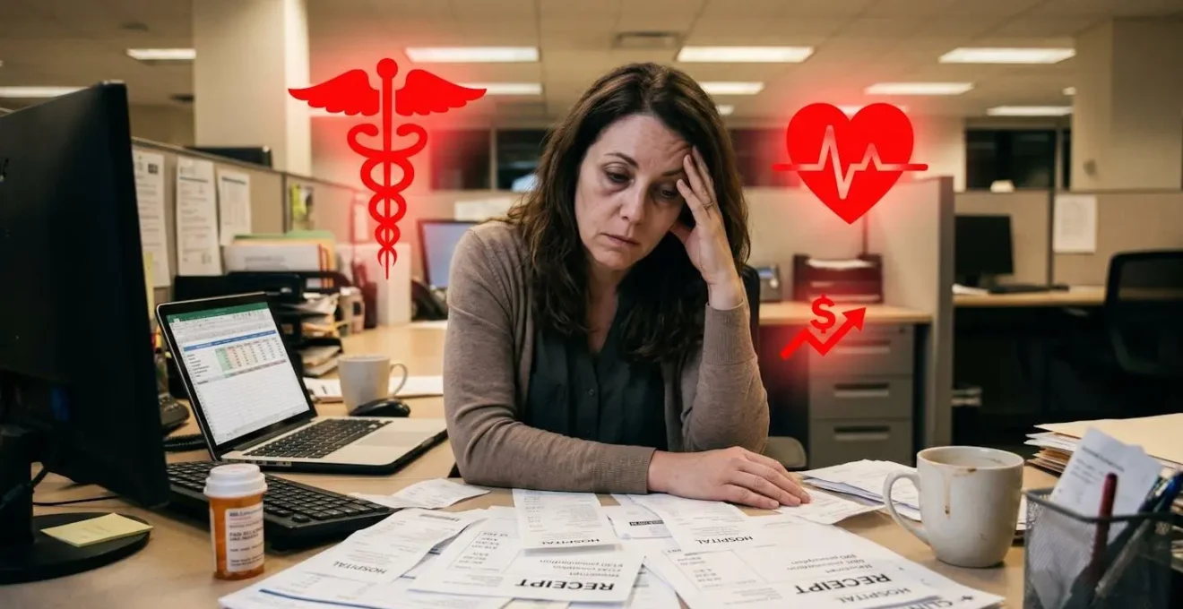 Personne épuisée au bureau avec des symboles médicaux et des reçus suggérant le fardeau financier du manque de sommeil.