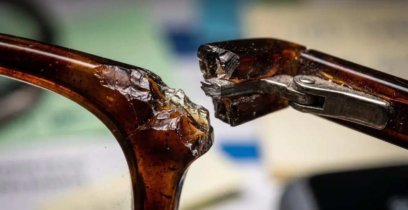 Lunettes brisées posées à côté de papiers d'assurance flous