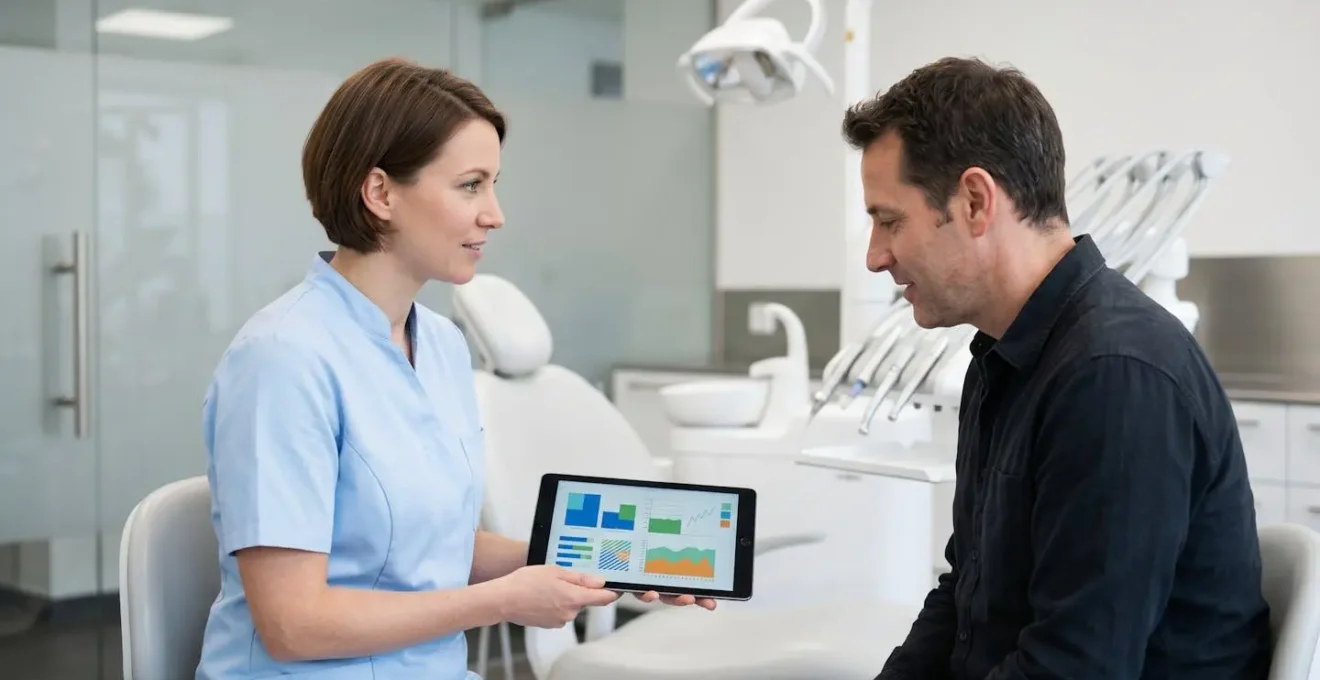 Patient examinant un devis avec son dentiste dans un cabinet dentaire moderne