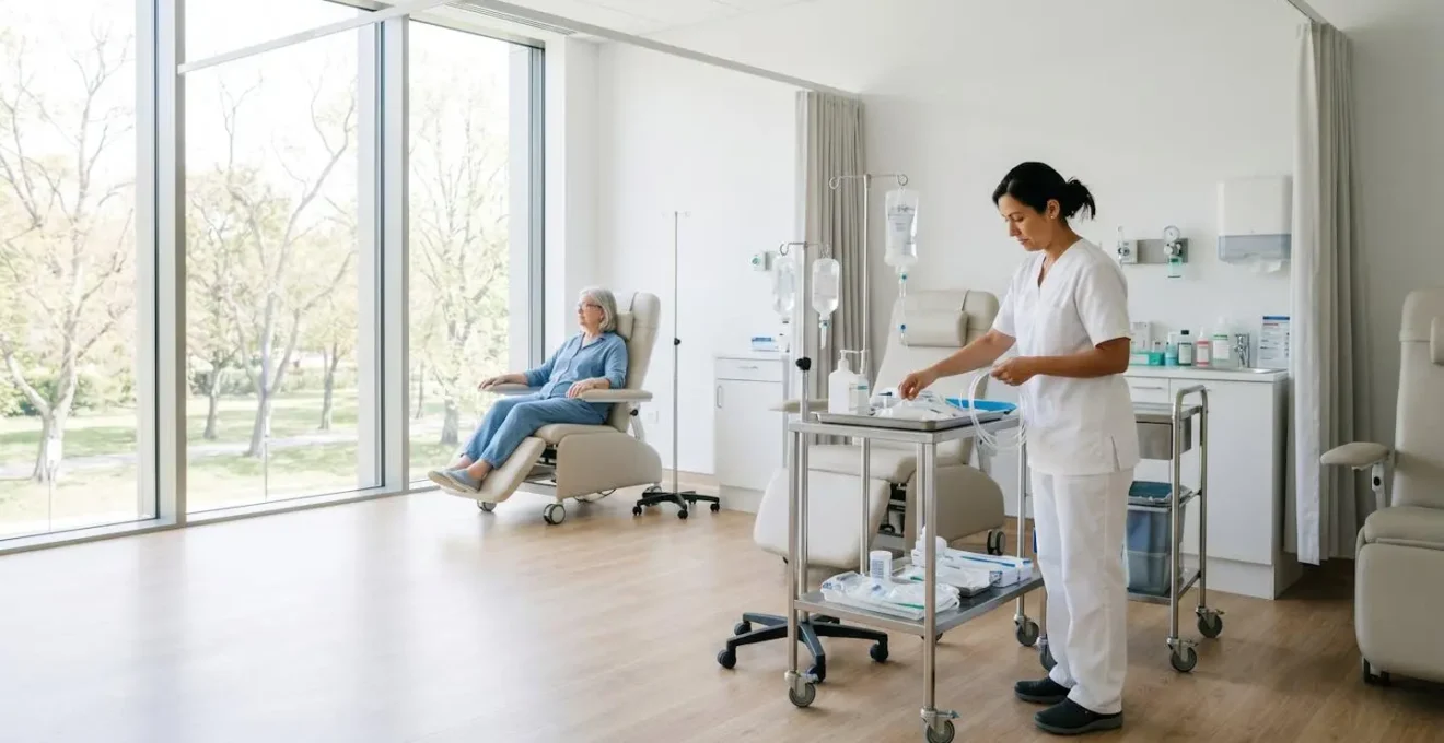 Infirmière préparant un traitement en hôpital de jour, avec un patient assis sereinement en arrière-plan, illustrant le cadre d'un traitement biologique.